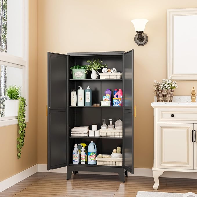 Metal Pantry Cabinet with 2 Doors and Adjustable Shelves, Kitchen Storage - Image 7
