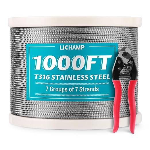 Lichamp 1000FT 1/8" Stainless Steel Wire Rope Cable, Aircraft 316 SS Braided by Lichamp