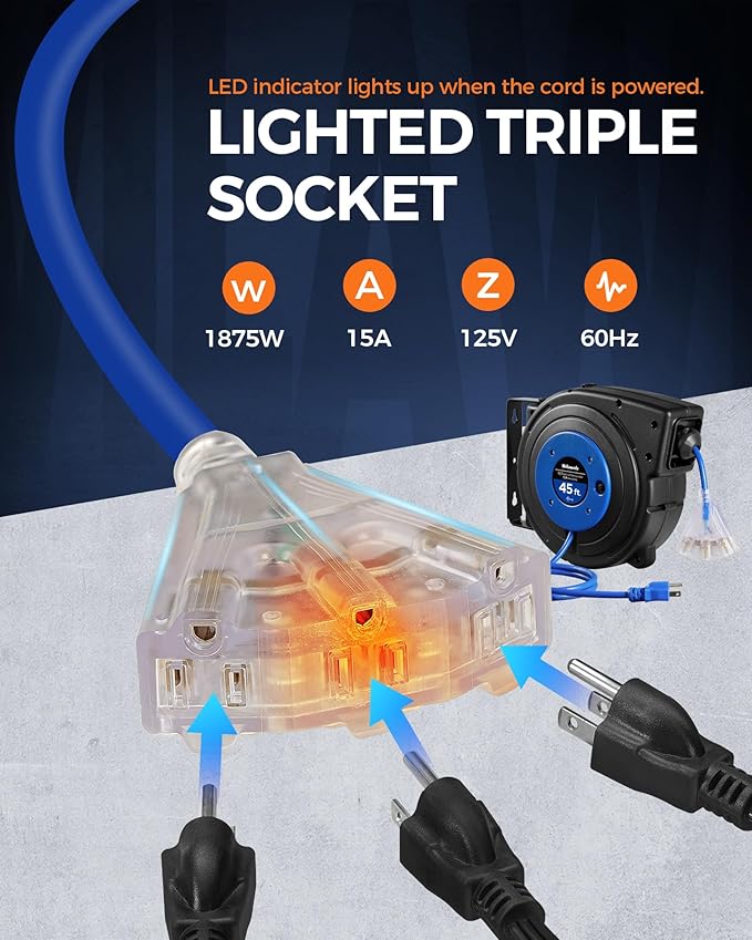 Retractable Extension Cord Reel, 45 FT Heavy Duty Power Cord, 12AWG/3C SJTOW - Image 3