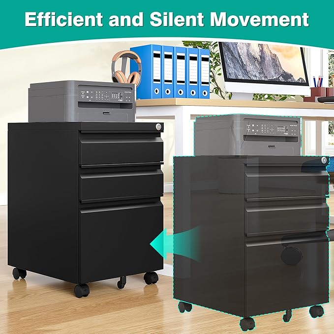 3 Drawer File Cabinet with Lock, Under Desk File Cabinet with Wheels, Three - Image 8