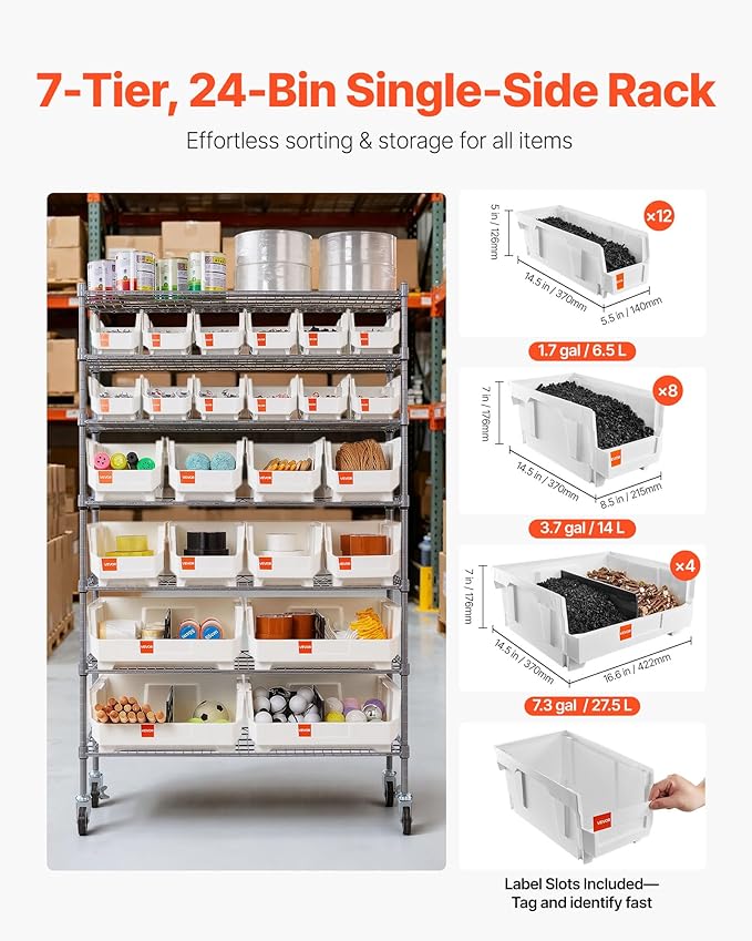 VEVOR 7-Tier Rolling Bin Storage Rack, 24 Organizer Bins, Bin Rack Storage - Image 2
