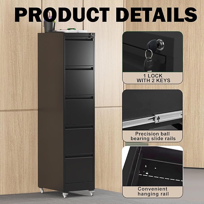 5 Drawers Filing Cabient with Wheel, File Cabinet with Lock, Steel Vertical - Image 4