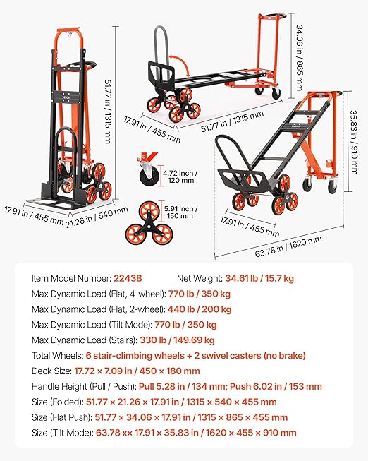 VEVOR 3 in 1 Industrial Convertible Stair Climbing Cart, 770 lbs Max Load - Image 7