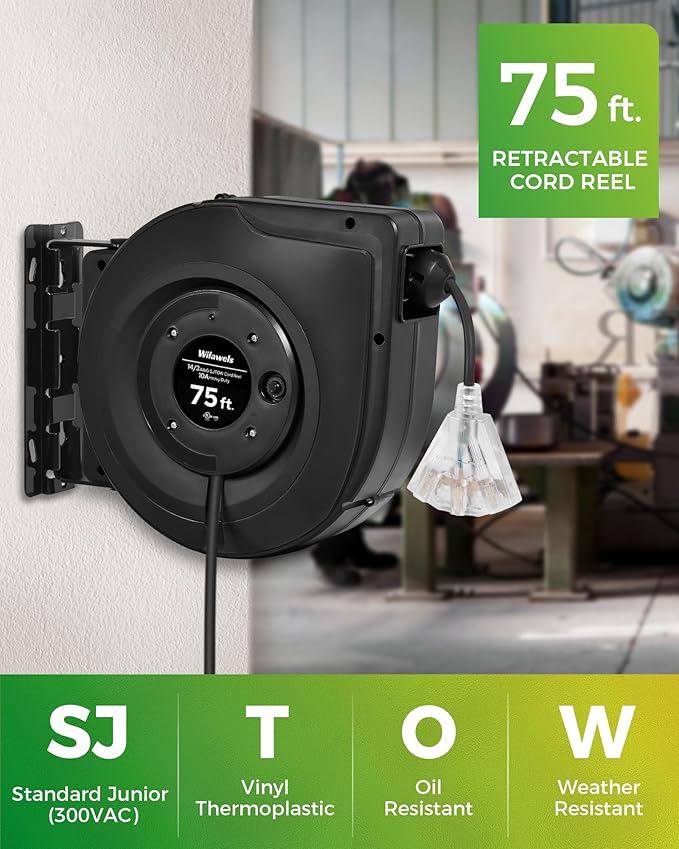 Retractable Cord Reel, 75 FT Heavy Duty Extension Cord, 14AWG/3C SJTOW - Image 2