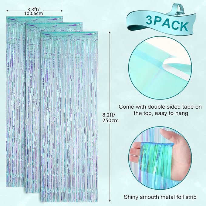 3 Pack 3.3x8.2 Feet Neon Iridescent Foil Fringe Backdrop Curtains, Tinsel - Image 3