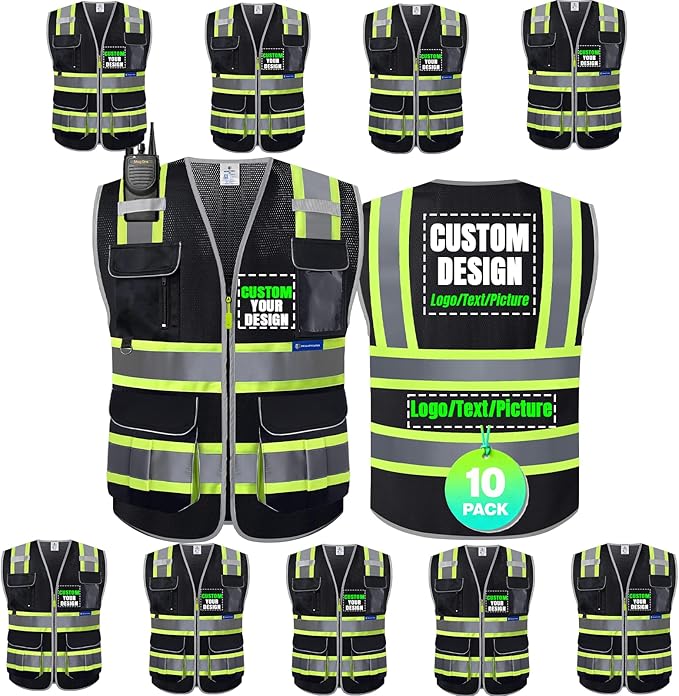 BeautyWill Custom Logo 10 Pockets Safety Vest Class2 ANSI Certified High by BeautyWill