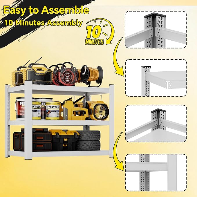 CJF Metal Storage Shelves, 3-Tier Garage Shelving Unit, Heavy Duty Adjustable - Image 5