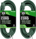 Weatherproof Green Extension Cord 15 ft, 2 Pack, 16/3 SJTW Water Resistant by Thonapa