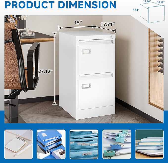 2 Drawer File Cabinet with Lock Metal Vertical Filing Storage Cabinet Office - Image 4