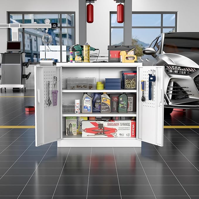 Metal Storage Cabinet with Lock, Lockable Metal Garage Cabinet with Pegboards - Image 9