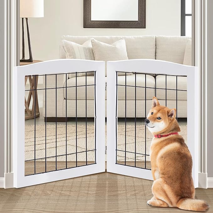 LZRS 2-Panel Freestanding Foldable Wood Dog Gate – Solid Wood & Steel Wire by LZRSPET