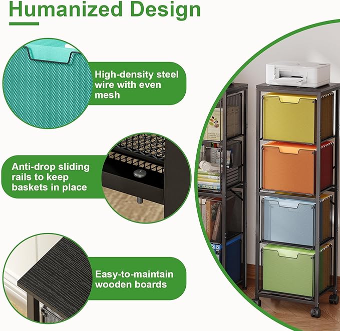 4 Drawers File Cabinet, Vertical Filing Cabinets, Rolling File Cart, Hanging - Image 9