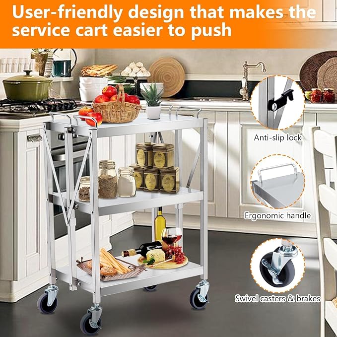 Upgraded Superior Foldable Stainless Steel Utility Cart, 300 LBS Heavy - Image 6