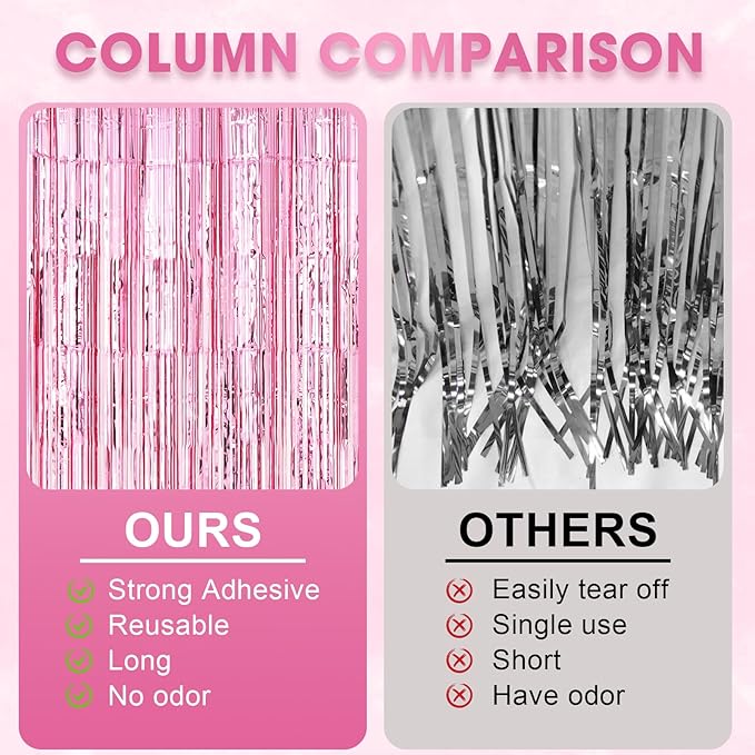 3 Pack 3.3 x 8.2 ft Light Pink Foil Fringe Backdrop Curtains, Tinsel Streamers - Image 5