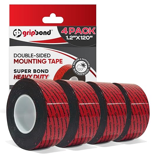 GripBond Black Super Bond Heavy Duty Double Sided Tape, 4 Rolls, 1.2” x 120” – by GripBlue