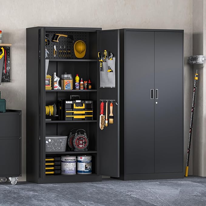 Washemba 71" Metal Garage Storage Cabinet, 2 Locked Doors and 5 Adjustable - Image 2