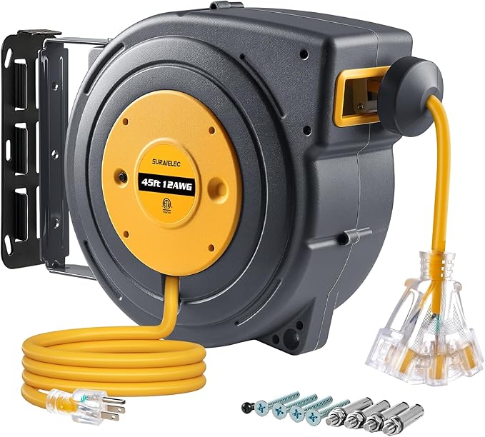 SURAIELEC 12 Gauge Extension Cord Reel, 45 FT Retractable Extension Cord by SURAIELEC