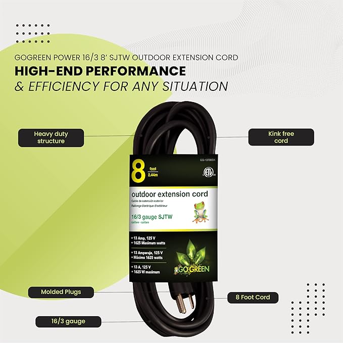 Go Green Power Inc. 16/3 SJTW Outdoor Extension Cord, 8 ft - Image 4
