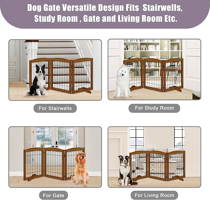LZRS 3-Panel Freestanding Adjustable Wooden Dog Gate—30" Tall Foldable Pet - Image 6