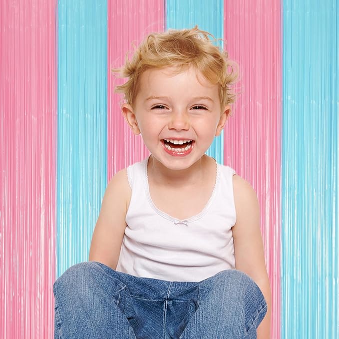 3 Pack 3.3 x 8.2 ft Pastel Blue and Pink Foil Fringe Backdrop Curtains - Image 7