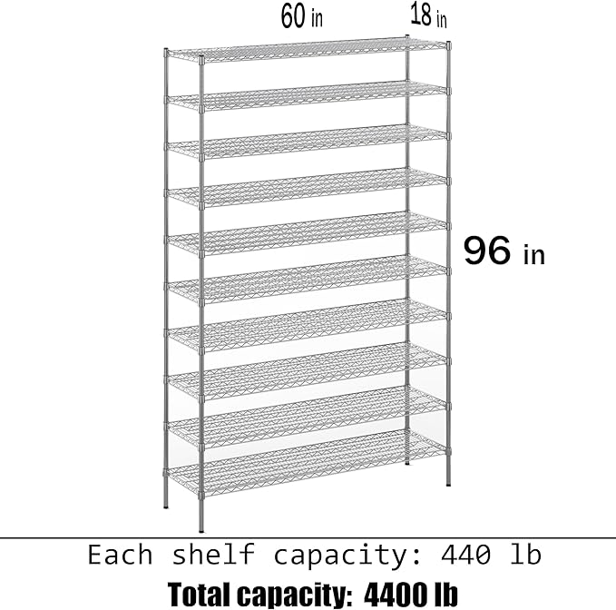 18" Deep x 60" Wide x 96" Height Wire Shelving Kit | 10-Tier | NSF Commercial - Image 3