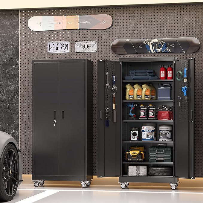 Metal Storage Cabinet with Wheels and Pegboard, Assembly Required - Image 2