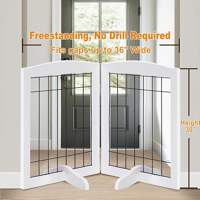 LZRS 2-Panel Freestanding Adjustable Wooden Dog Gate—30” Tall Foldable Pet - Image 2