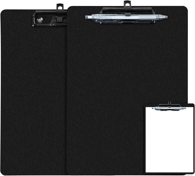 Black Clipboard with Pen Holder, 2 Pack Plastic Clipboard with Low Profile by FRETONBA