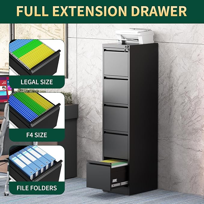 5 Drawer File Cabinet with Lock, Steel Vertical Filing Storage Cabinet - Image 5