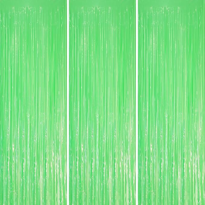 3 Pack 3.3 x 8.2 ft Pastel Green Foil Fringe Backdrop Curtains, Tinsel by Voircoloria