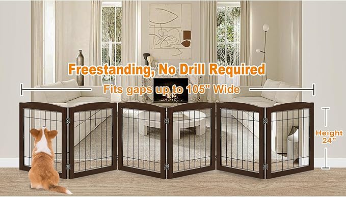 LZRS 6-Panel Extra Wide Wooden Freestanding Dog Gate: Foldable Solid Wood and - Image 2