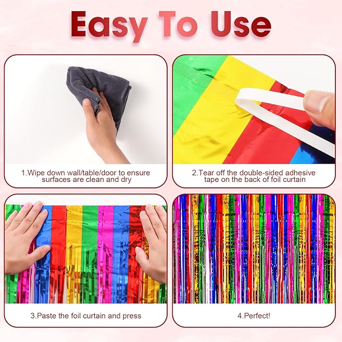 3 Pack 3.3x8.2 Feet Rainbow Foil Fringe Backdrop Curtains, Tinsel Streamers - Image 4