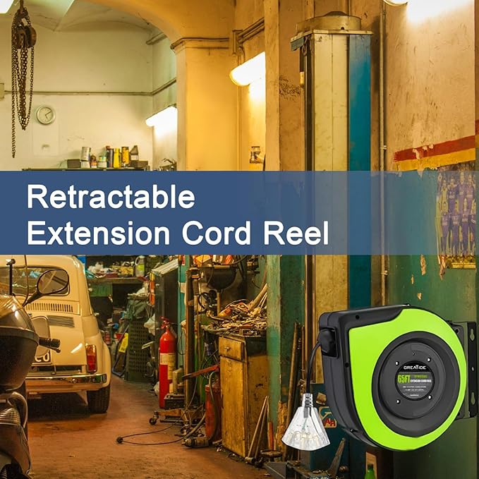 Retractable Extension Cord Reel, 65 Feet 12 AWG/3C SJTOW Heavy Duty Power Cord - Image 7