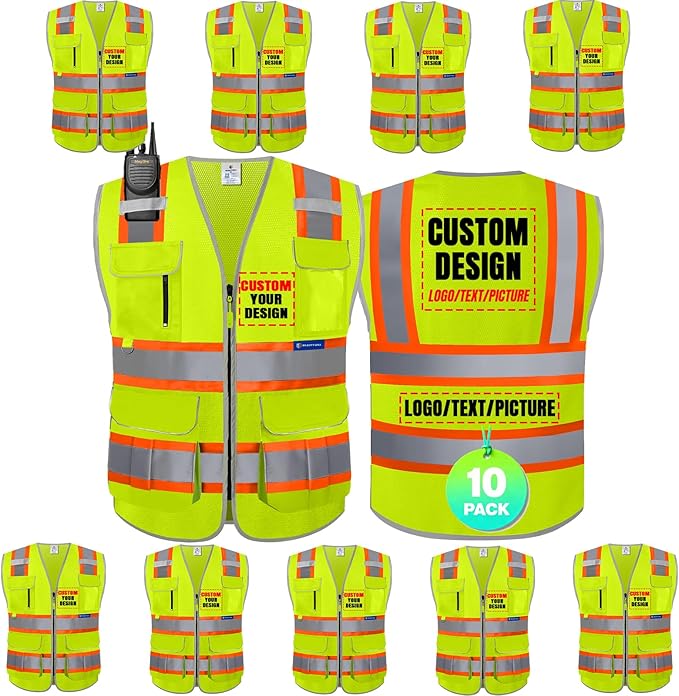 BeautyWill Custom Logo 10 Pockets Safety Vest Class2 ANSI Certified High by BeautyWill