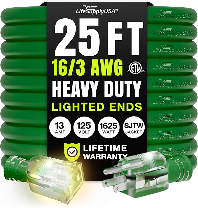 25ft Outdoor/Indoor Extension Cord 16/3 Gauge Heavy Duty 3 Prong SJTW, by LifeSupplyUSA