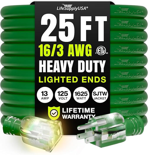 25ft Outdoor/Indoor Extension Cord 16/3 Gauge Heavy Duty 3 Prong SJTW, by LifeSupplyUSA