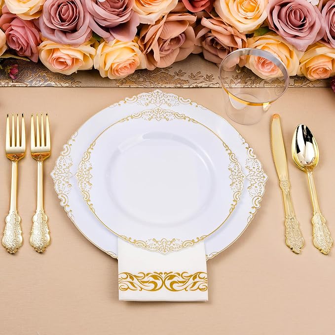 350PCS White and Gold Plastic Plates - Image 6