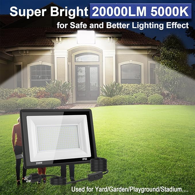 200W LED Flood Light Outdoor, 20000LM Bright Plug-in Flood Lights - Image 2