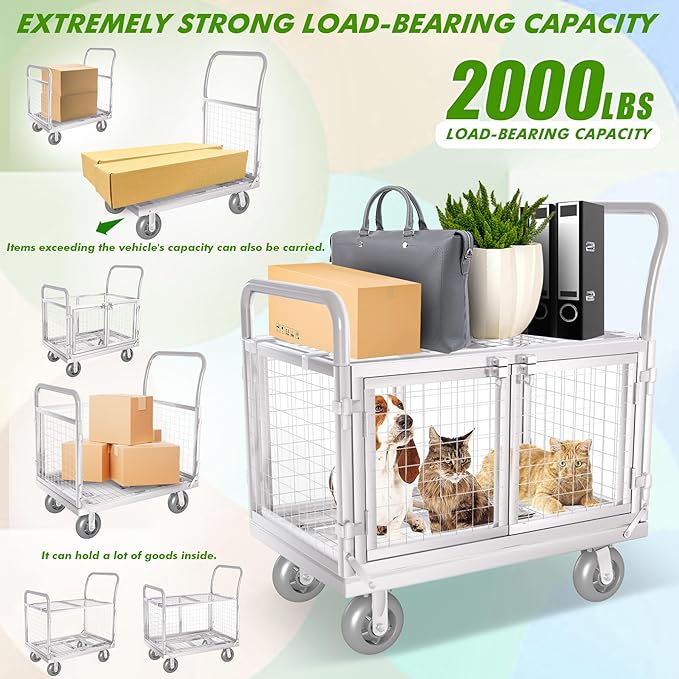 Platform Truck Cart with Cage 2-Door Design 7 in 1 Mutipurpose Handcart with 5" - Image 6