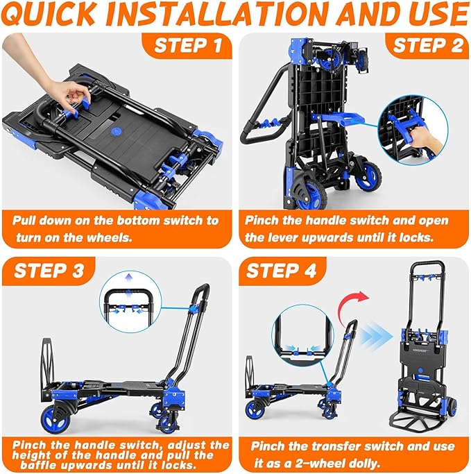 2-in-1 Folding Hand Truck with Folding Basket, Hand Truck with Retractable - Image 7