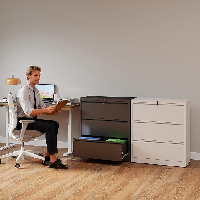 3 Drawer File Cabinet with Lock, Lateral Filing Cabinets, Metal Storage Filing - Image 2