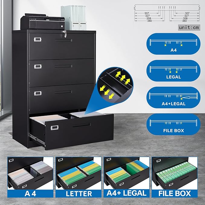 4 Drawer Filing Cabinet with Lock Metal Lateral File Cabinet Office Home Steel - Image 5