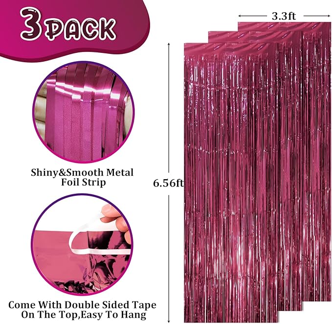 3 Pack 3.3 x 8.2 ft Burgundy Foil Fringe Backdrop Curtains, Tinsel Streamers - Image 2