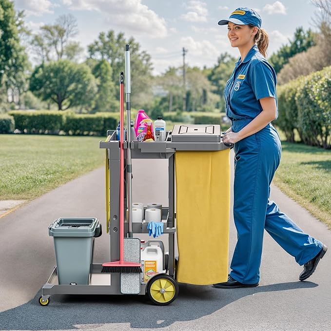 DWVO Janitorial Cart on Wheels, Cleaning Carts, Housekeeping Cart, 3 Shelf - Image 7