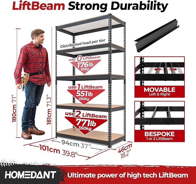 HOMEDANT 39.8" W 5 Tier Heavy Duty Garage Shelving Adjustable Metal Rack - Image 2