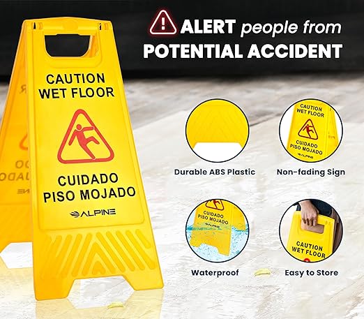 Alpine Caution Wet Floor Sign, 24 Inch High Visibility Yellow Slippery When Wet - Image 2
