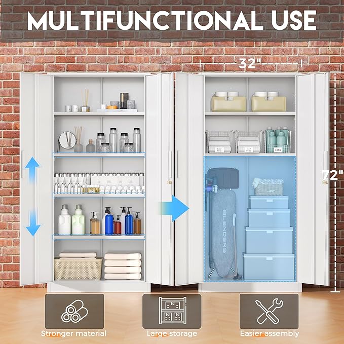 Greenvelly White Metal Storage Cabinet, Tall Tool Storage - Image 4