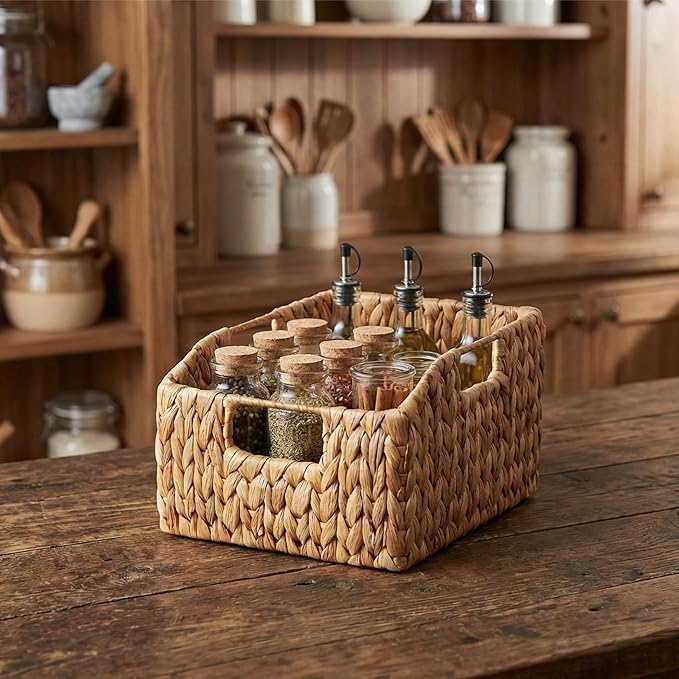 Wicker Pantry Basket Set of 2 – Handwoven Water Hyacinth Wicker Storage Baskets - Image 6