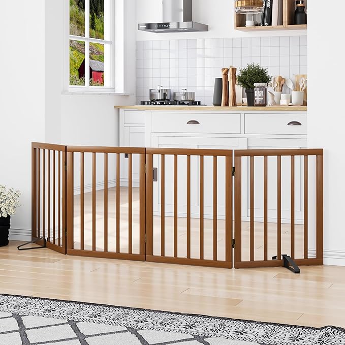 Freestanding Pet Gate Foldable 4 Panel Dog Gate Walnut Dog Gates - Image 2