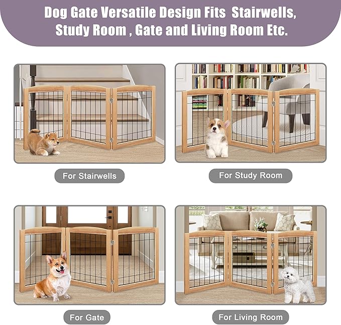 LZRS 3-Panel Freestanding Foldable Wooden Dog Gate –Solid Wood & Steel Wire - Image 6